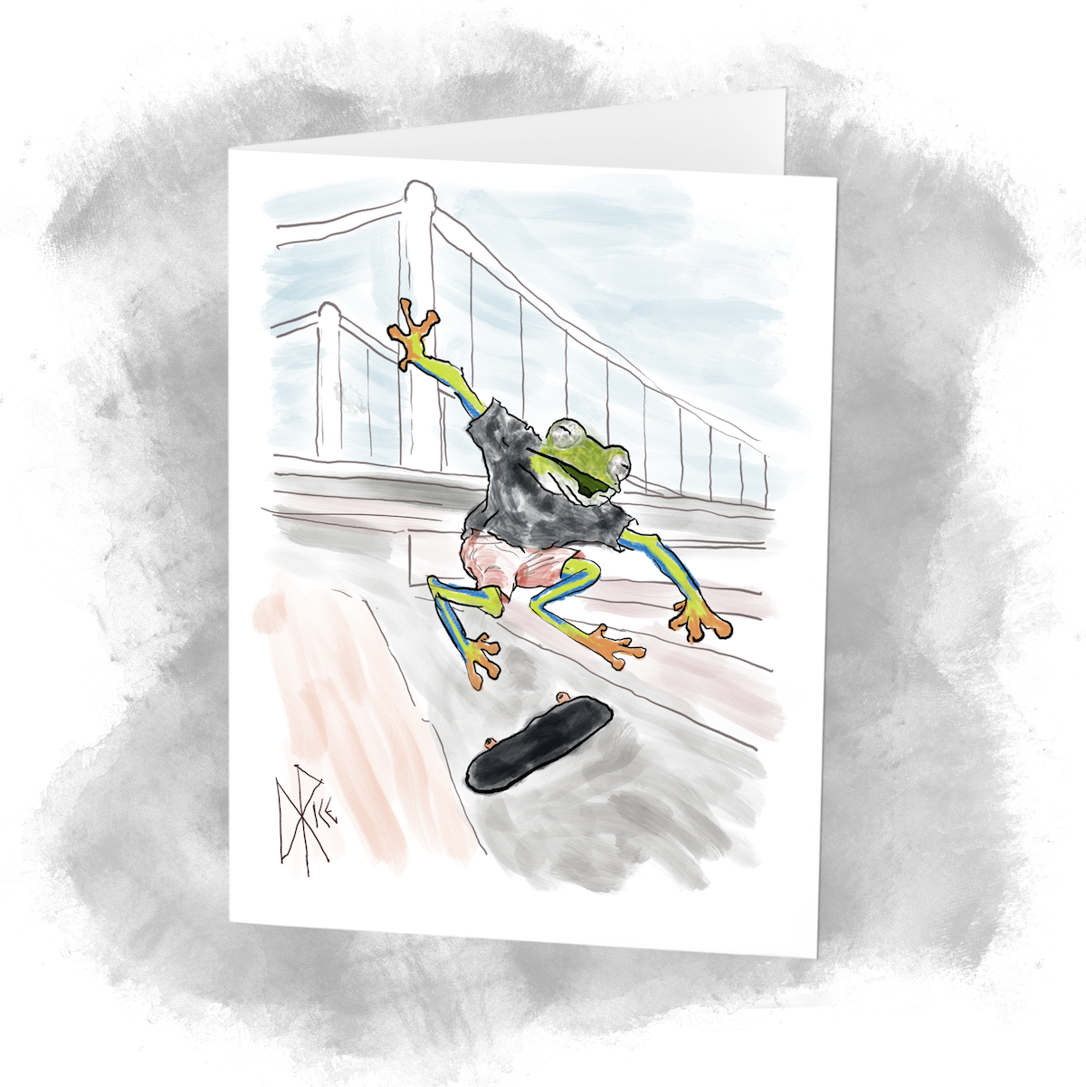 A cartoon of an anthropomorphized frog wearing a t-shirt and shorts, doing skateboard tricks in a cityscape. Sketch art by Don Rice. A cartoon of an anthropomorphized frog wearing a t-shirt and shorts, doing skateboard tricks in a cityscape. Sketch art by Don Rice.