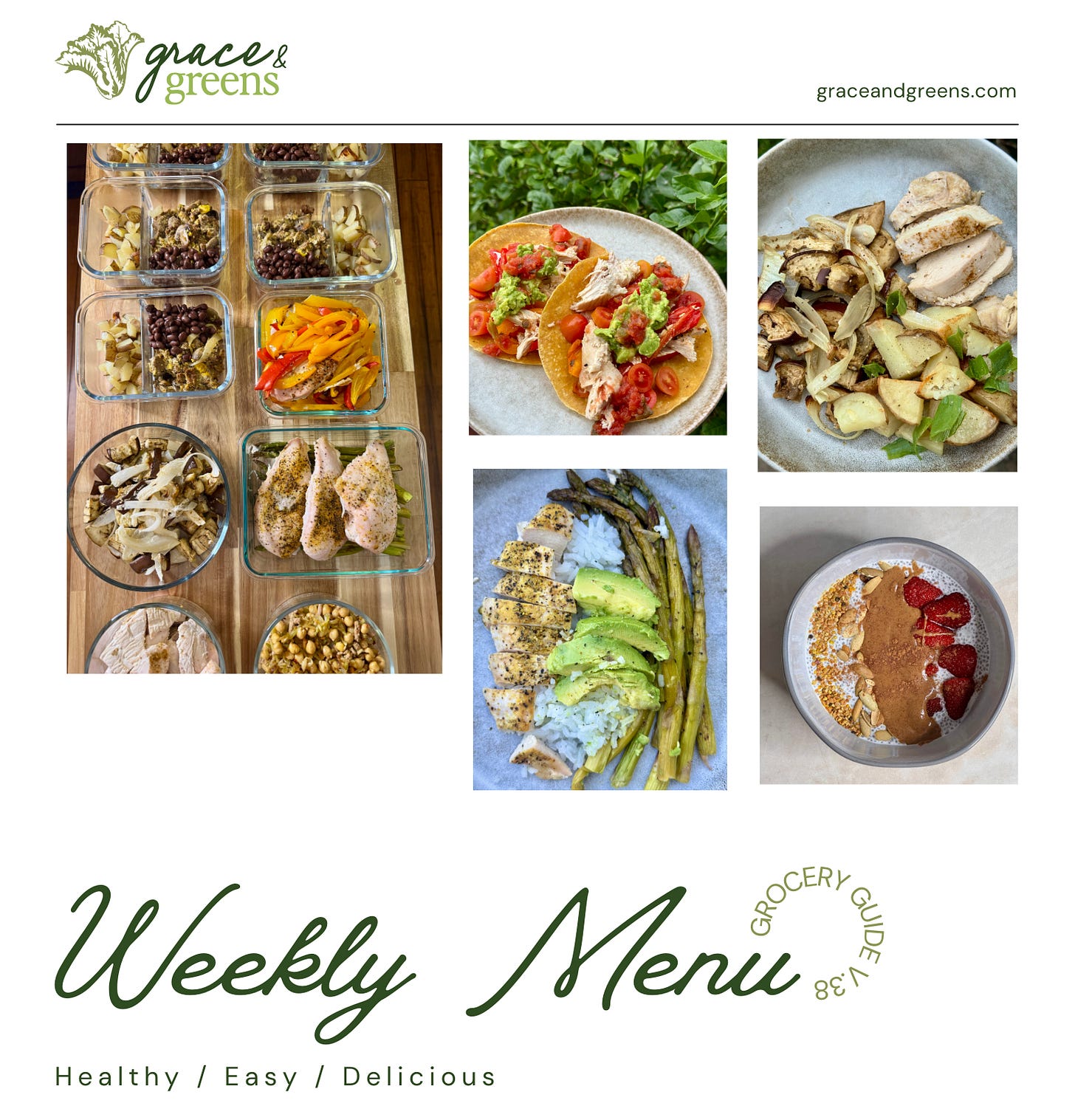 weekly meal prep organized into containers, gluten-free taco dish, chicken bowl, high-protein chia pudding bowl, and potato dinner