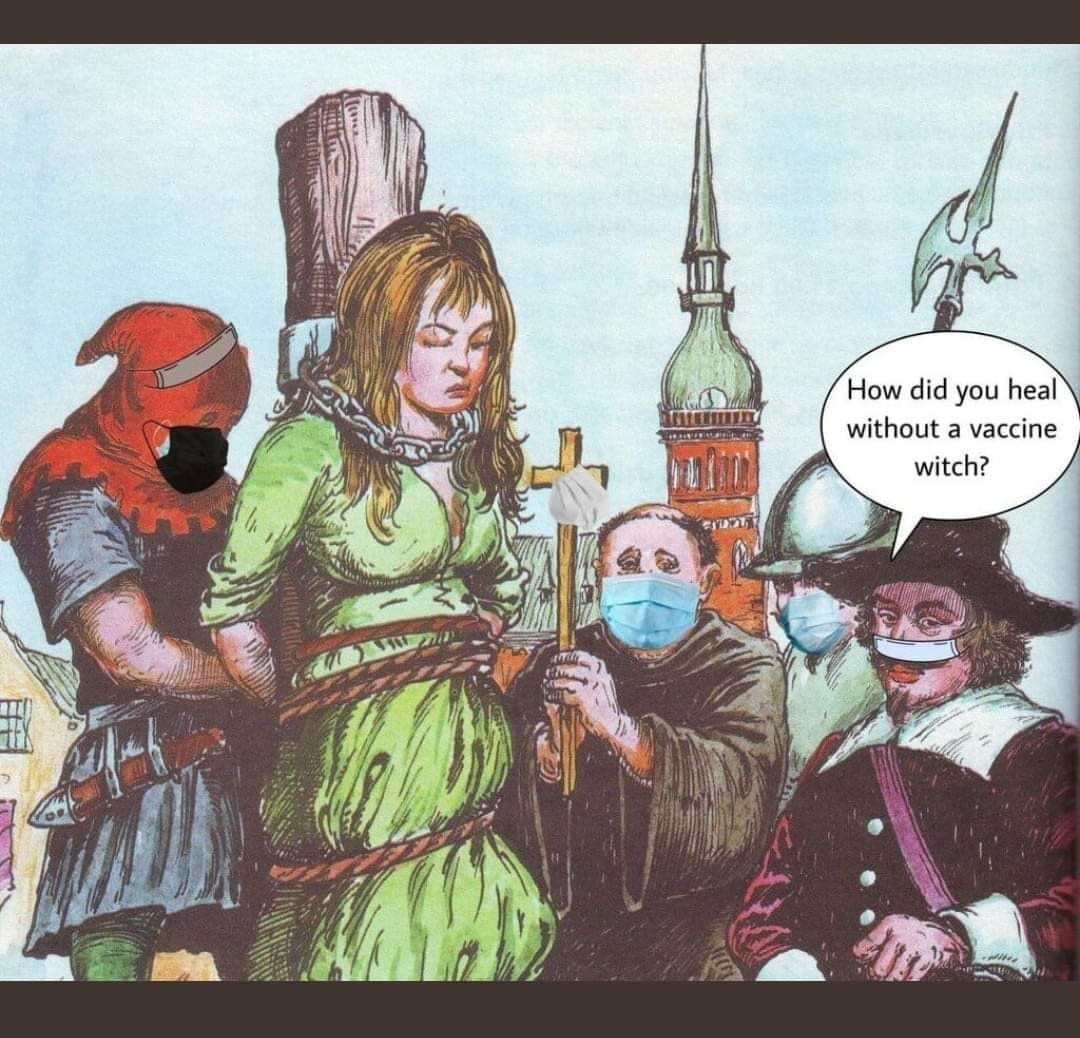 May be a cartoon of 2 people and text that says 'How did you heal without vaccine witch?'