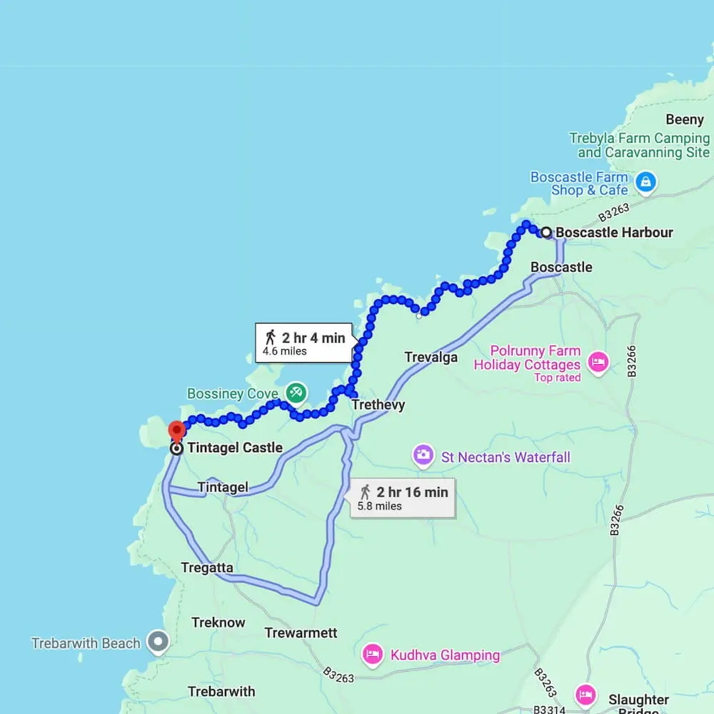 Map showing the walking route from Boscastle Harbour to Tintagel Castle