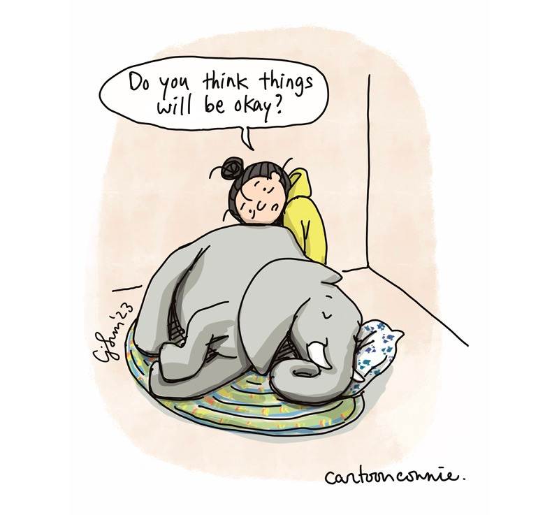 Art description: Excerpt from a 2-panel illustration of an elephant napping and a girl with a bun seeking comfort and reassurance that things will be okay. Titled "Rest Before Worry" by Connie Sun, cartoonconnie, 2023.