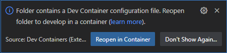 Mensaje de Visual Code para reabrir la carpeta en un Dev Container Mensaje de Visual Code para reabrir la carpeta en un Dev Container