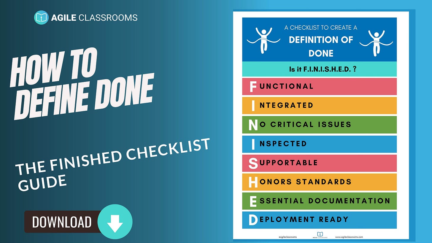 Blog cover image titled 'How to Define Done: The FINISHED Checklist Guide' featuring a colorful infographic checklist spelling out FINISHED (Functional, Integrated, No Critical Issues, Inspected, Supportable, Honors Standards, Essential Documentation, Deployment Ready) by Agile Classrooms Blog cover image titled 'How to Define Done: The FINISHED Checklist Guide' featuring a colorful infographic checklist spelling out FINISHED (Functional, Integrated, No Critical Issues, Inspected, Supportable, Honors Standards, Essential Documentation, Deployment Ready) by Agile Classrooms