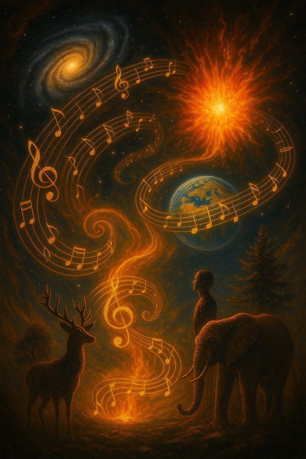 A breathtaking cosmic artwork where golden musical notes swirl through the universe like constellations. Spiraling melodies weave from a glowing supernova, past galaxies and Earth, down to a fire on the ground where a human, an elephant, and a deer stand in awe. The scene radiates harmony, uniting celestial bodies and earthly life in one great song of existence.