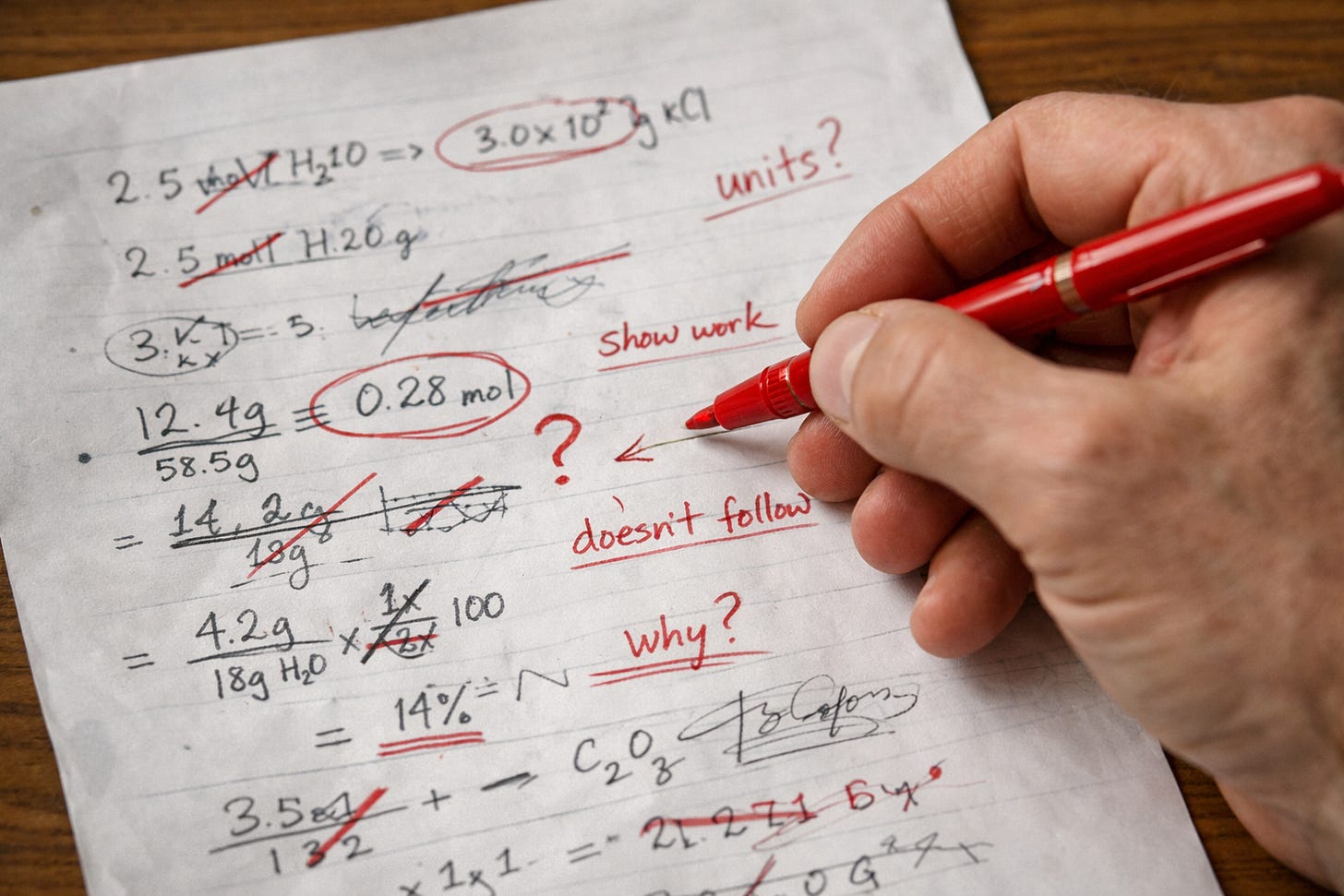 Close-up of a teacher’s hand holding a red pen while grading a student’s science paper, covered in messy handwritten math and chemistry calculations, crossed-out answers, circled errors, and margin notes like “units?”, “show work,” and “why?”, emphasizing the process of evaluating student thinking. Close-up of a teacher’s hand holding a red pen while grading a student’s science paper, covered in messy handwritten math and chemistry calculations, crossed-out answers, circled errors, and margin notes like “units?”, “show work,” and “why?”, emphasizing the process of evaluating student thinking.