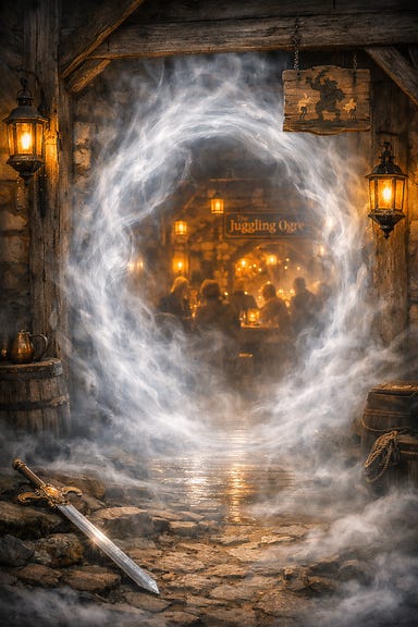 misty portal to Threshold and the Juggling Ogre tavern, swirling silver mist framed by lanternlight and weathered timber, faint tavern laughter echoing through