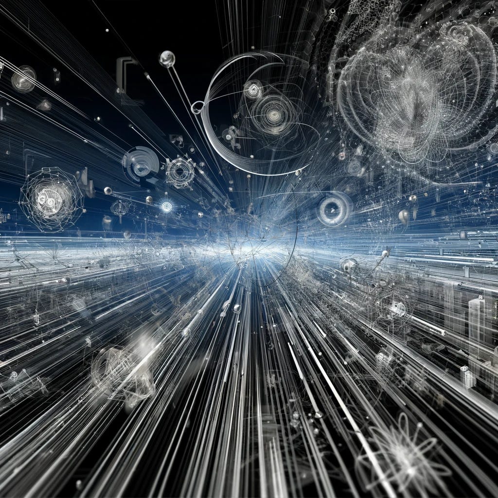 Visualize the concept of the 'velocity of knowledge' in an abstract, dynamic form, representing the rapid dissemination and use of knowledge within a community. The image should capture the essence of a bustling network filled with interconnected lines and nodes, symbolizing the flow and exchange of ideas. The scene should be devoid of any explicit labels or letters, focusing on the visual metaphor of an intellectual ecosystem. The design combines elements of digital communication, scholarly conferences, and academic publications, all in a sleek, futuristic style.
