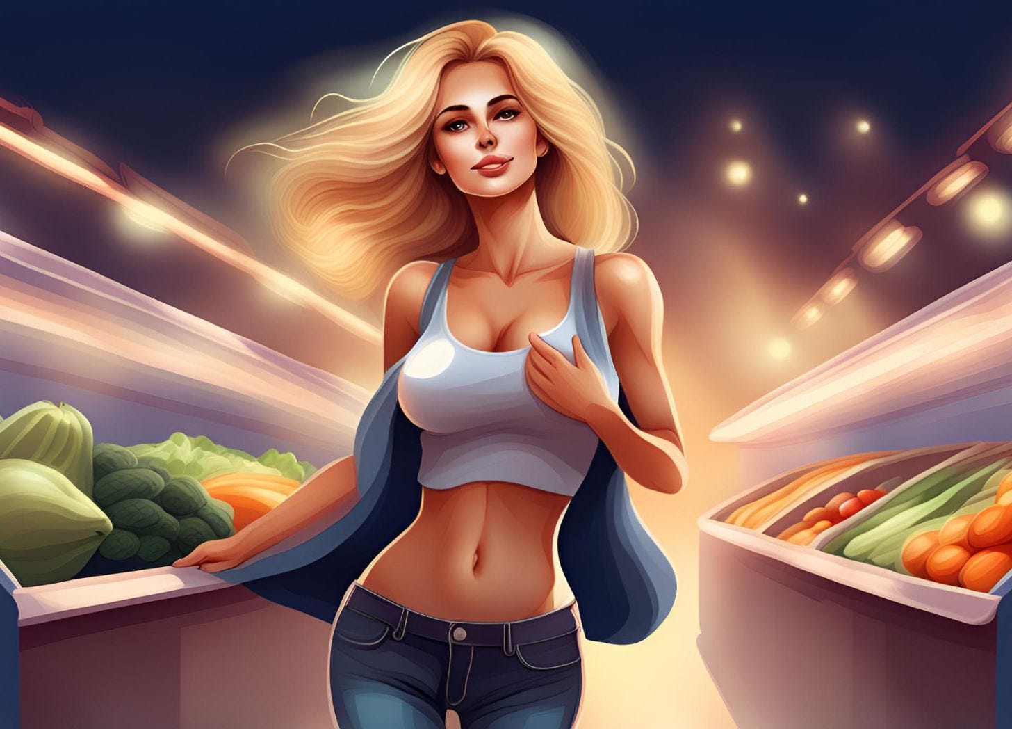 A dreamy picture of a blonde Russian woman with brown eyes and medium breasts walking in a grocery store wearing blue jeans and a white tank top. A dreamy picture of a blonde Russian woman with brown eyes and medium breasts walking in a grocery store wearing blue jeans and a white tank top.