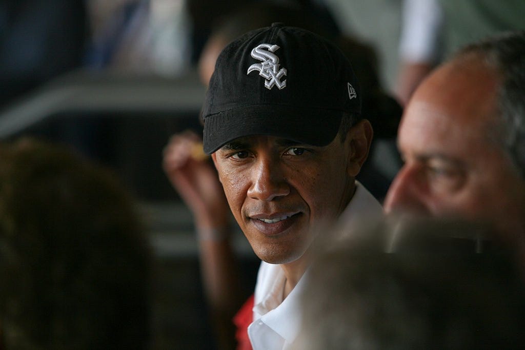 Barack Obama in a White Sox cap at Nationals Park in 2010 Barack Obama in a White Sox cap at Nationals Park in 2010