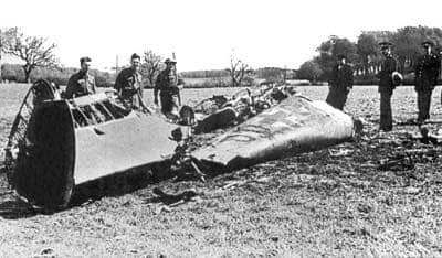 The wreckage of Rudolf Hess’ Messerschmitt Bf 110D, after crashing on 10 May 1941.