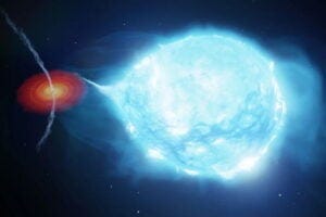 Jets of energetic particles streaming away from the black hole Cygnus X-1 (at left in this artist’s rendering) bend in the stellar wind from the supergiant star paired in orbit with the black hole. Researchers used the extent of the bending to produce the first measurement of the power of a black hole’s jets. IMAGE: ICRAR/CURTIN UNIVERSITY Jets of energetic particles streaming away from the black hole Cygnus X-1 (at left in this artist’s rendering) bend in the stellar wind from the supergiant star paired in orbit with the black hole. Researchers used the extent of the bending to produce the first measurement of the power of a black hole’s jets. IMAGE: ICRAR/CURTIN UNIVERSITY