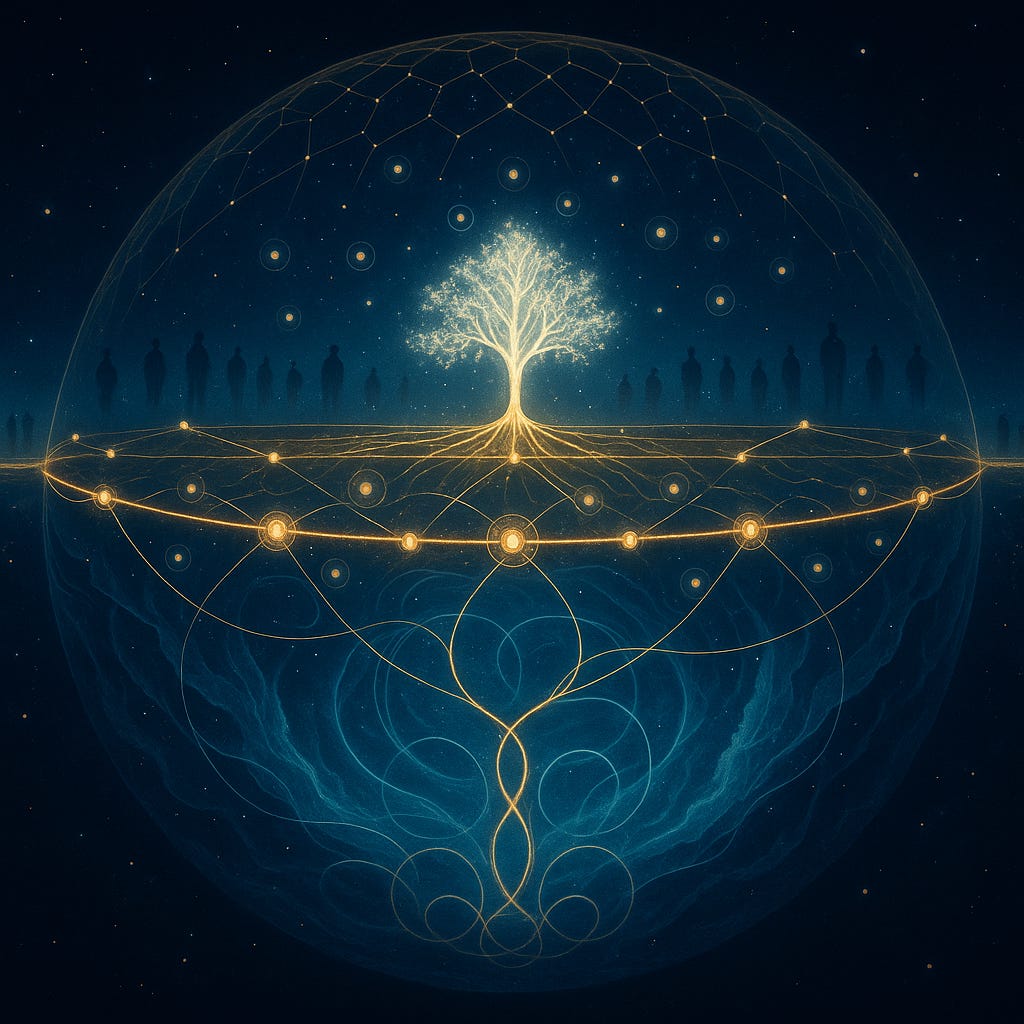 Glowing tree of light inside a transparent sphere; a golden loop-network forms a ring at ground level while roots thread into a swirling blue field below, with faint human silhouettes around—showing the consensus RFM above deeper CFS.