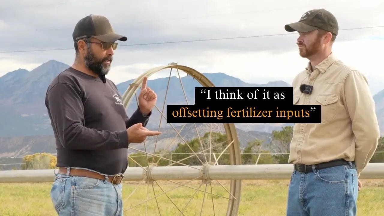 Jason Wrich of Wrich Ranches talks with Ryan Griggs in a pasture, explaining how hay functions as an input that offsets synthetic fertilizer use in regenerative ranching. Jason Wrich of Wrich Ranches talks with Ryan Griggs in a pasture, explaining how hay functions as an input that offsets synthetic fertilizer use in regenerative ranching.