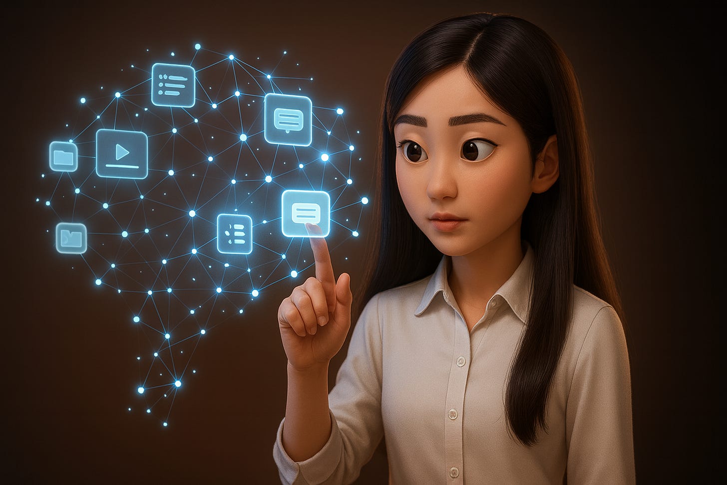 A 3D cartoon-style person stands calmly in a soft, glowing space, surrounded by floating icons and holographic connections representing notes, databases, and apps. The scene illustrates the idea of MCP as a second brain that unifies tools into connected intelligence. Created by Jenny Ouyang for Build to Launch. buildtolaunch.ai