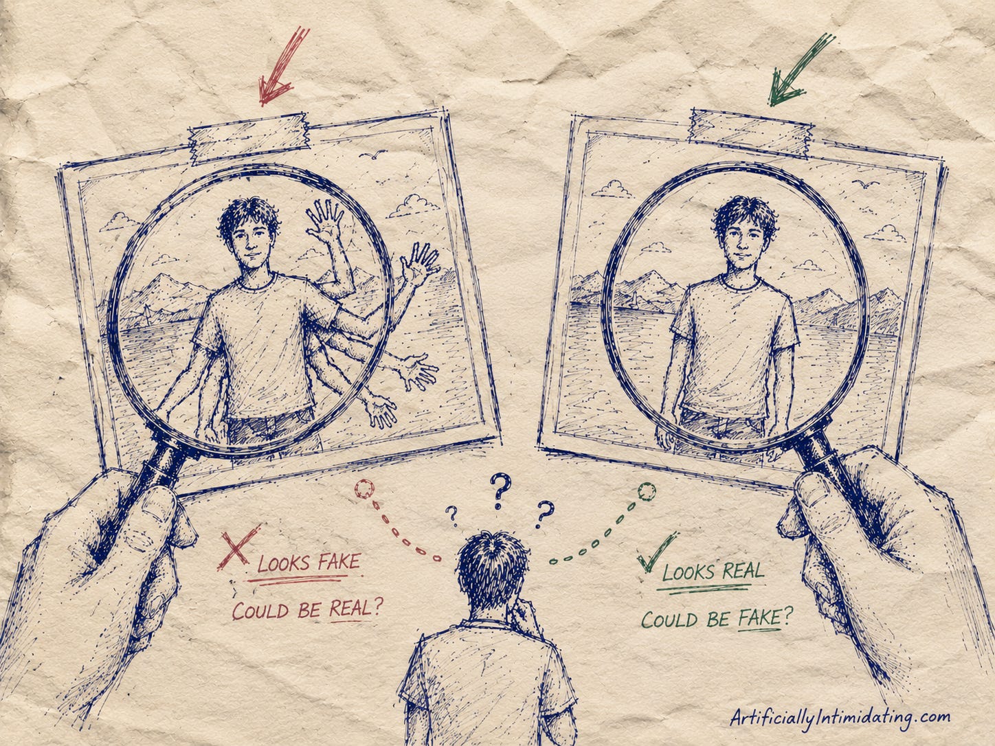 Hand-drawn editorial sketch on crumpled paper showing two nearly identical photographs under magnifying glasses. In one image, a person has three arms and is marked as authentic, while the “corrected” two-arm version is associated with AI editing, suggesting people may trust artificial fixes more than reality itself.