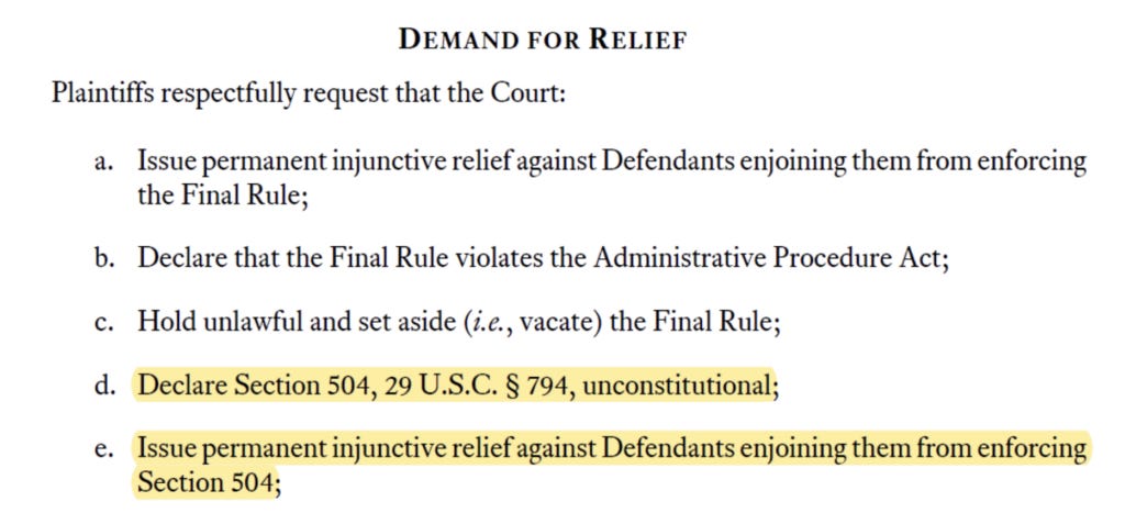 screenshot of the Demand for relief section of the lawsuit. tow highlighted sections showing the request to declare Section 504 unconstitutional and to issue a permanent injuntion to make it unenforceable.