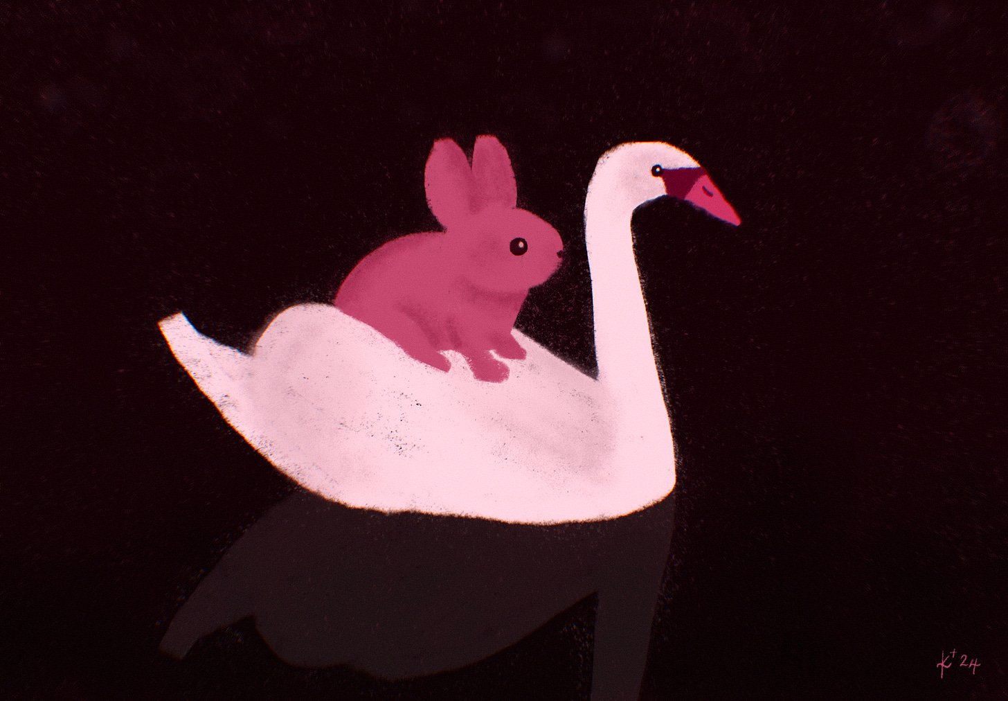 Picture-book style cartoon of a carnation-pink rabbit riding a pale pink swan through dark-red water under a dark-red sky. The rabbit looks stressed.