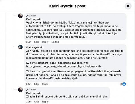 Pamje nga debati publik në rrjetet sociale mes autorit dhe Kadri Kryeziut, ku përplasen faktet e dokumentuara me retorikën e relativizimit.