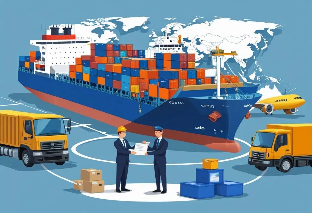 A cargo ship at a busy port with cranes loading containers, a customs officer handing documents to a logistics manager, and trucks and airplanes nearby representing international shipping. A cargo ship at a busy port with cranes loading containers, a customs officer handing documents to a logistics manager, and trucks and airplanes nearby representing international shipping.