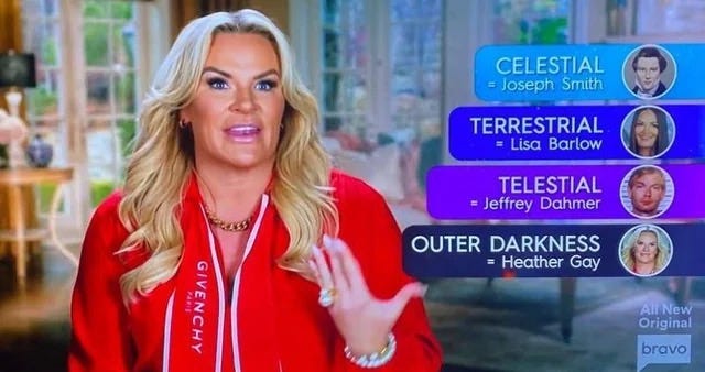 a screenshot of heather gay from real housewives explaining the tiers of mormon hell with images for each
