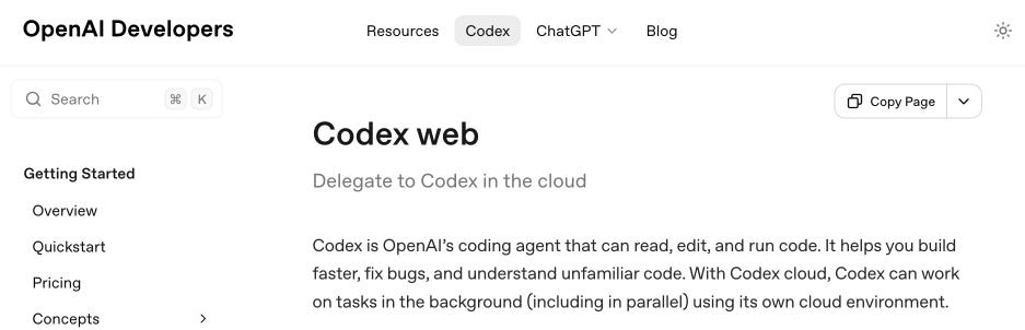 Same documentation page only now it says Codex web Same documentation page only now it says Codex web