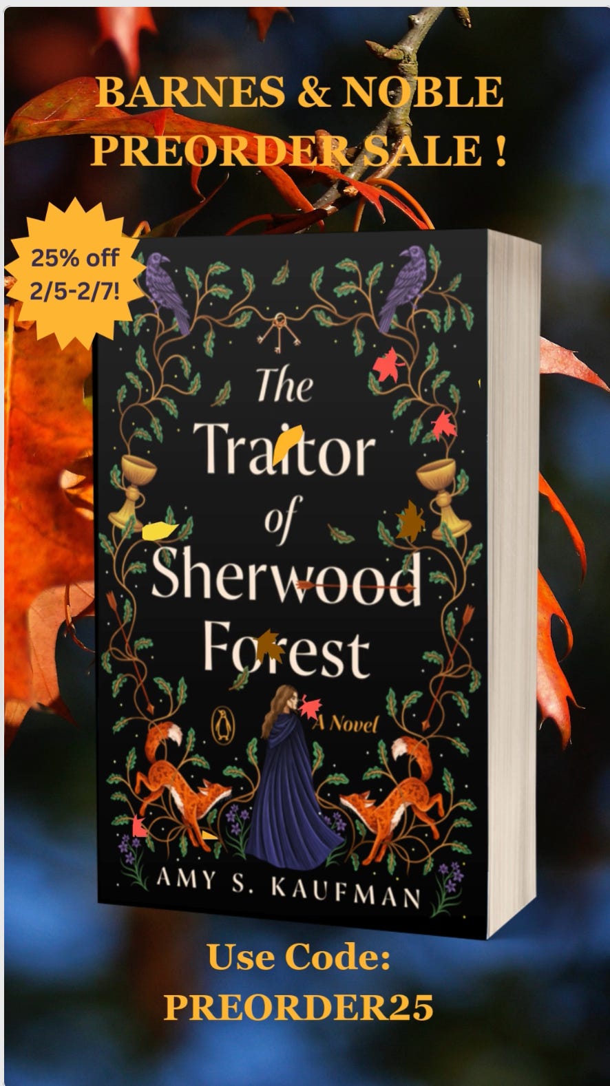advertisement for a book on sale with falling leaves