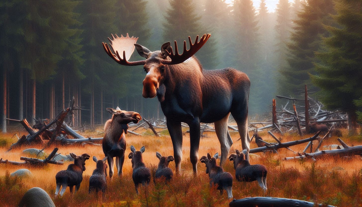 A moose and some rabbits in a field

AI-generated content may be incorrect.