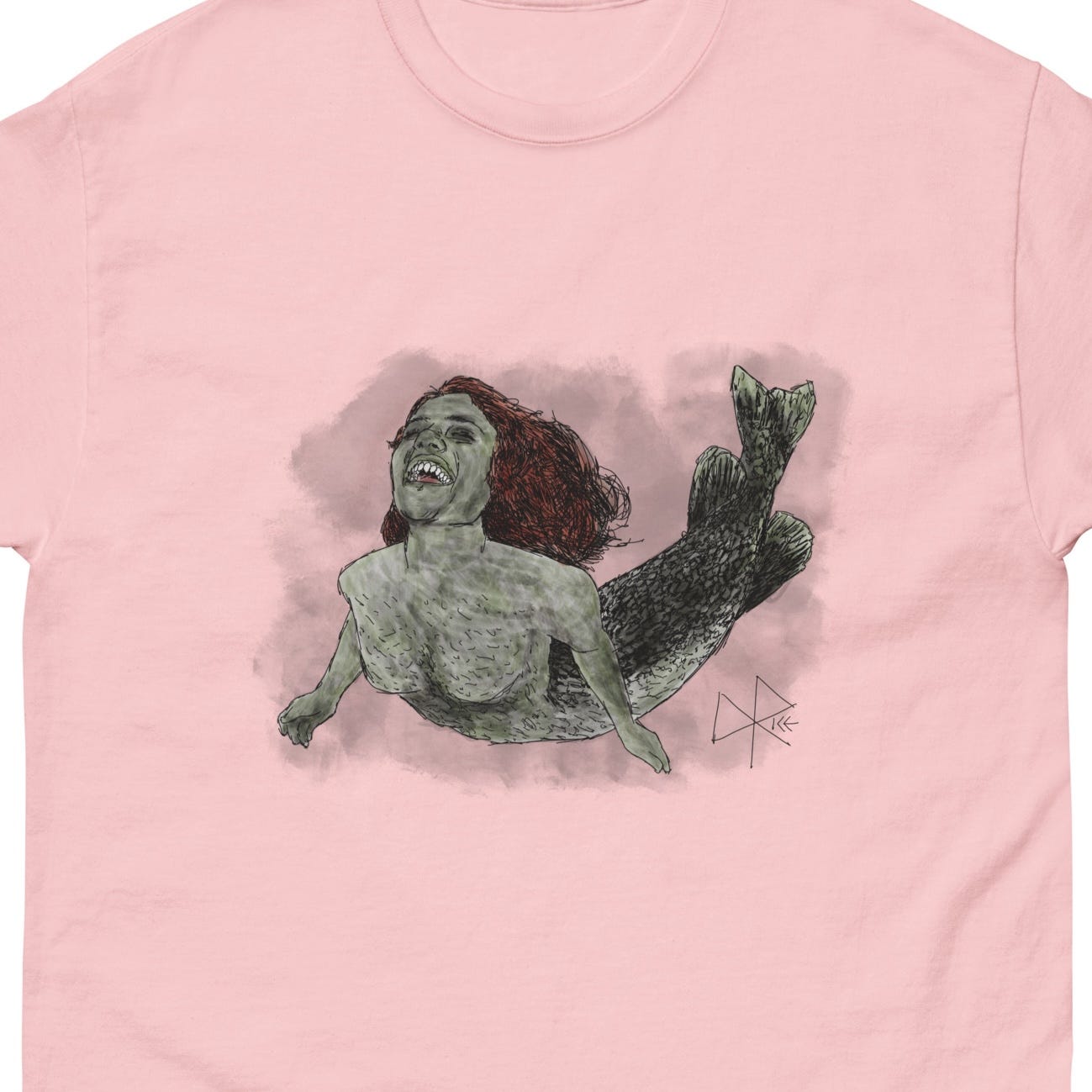 A mermaid, showing pointy teeth while swimming and singing, mouth wide open in a big smile. Sketch art by Don Rice.