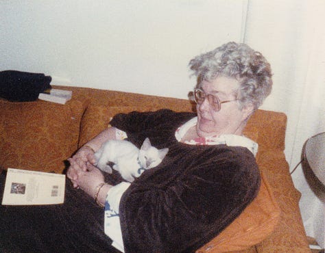 Siamese kitten on the lap of an older white woman on a sofa; mom, baby and cat resting on another messy sofa (the mom is on her phone); black floppy eared dog and a woman's feet on a sofa