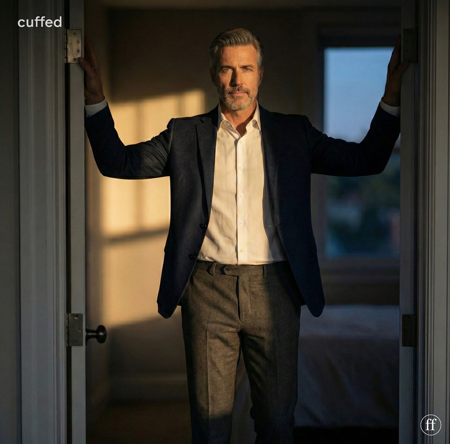 a man stands in a doorway at golden hour, wearing a navy jacket, white shirt, and gray trousers. warm light hits his face as he looks forward, calm and grounded. minimalist room behind him. cinematic, introspective mood. seo: masculine growth, self-reflection, cuffed.