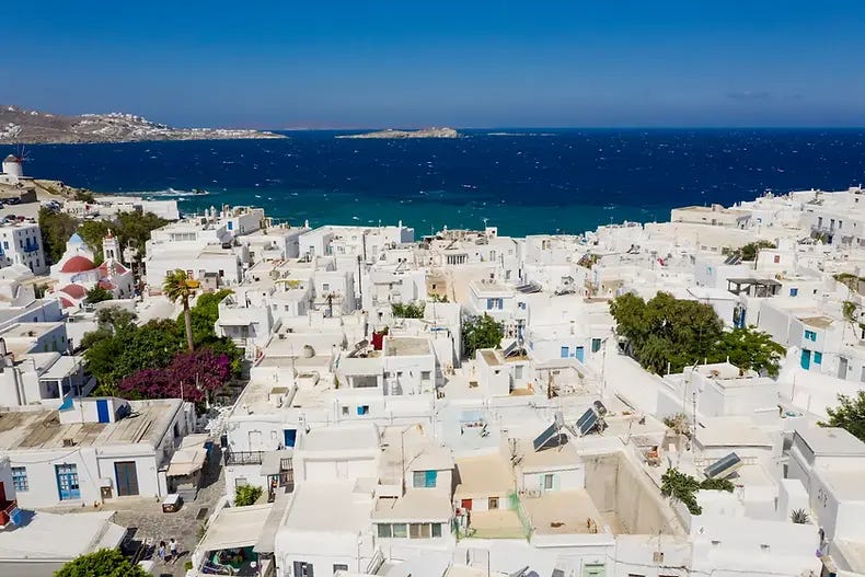 Photo of aerial view of Little Venice in Mykonos, Greece July 2020 courtesy dronepicr