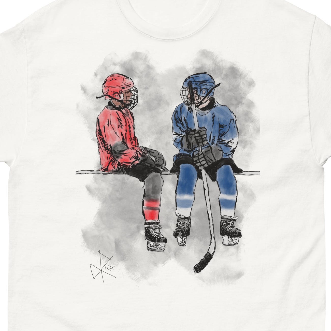 Two minor hockey players from opposing teams, geared up and conversing before they play against each other. Sketch art by Don Rice.