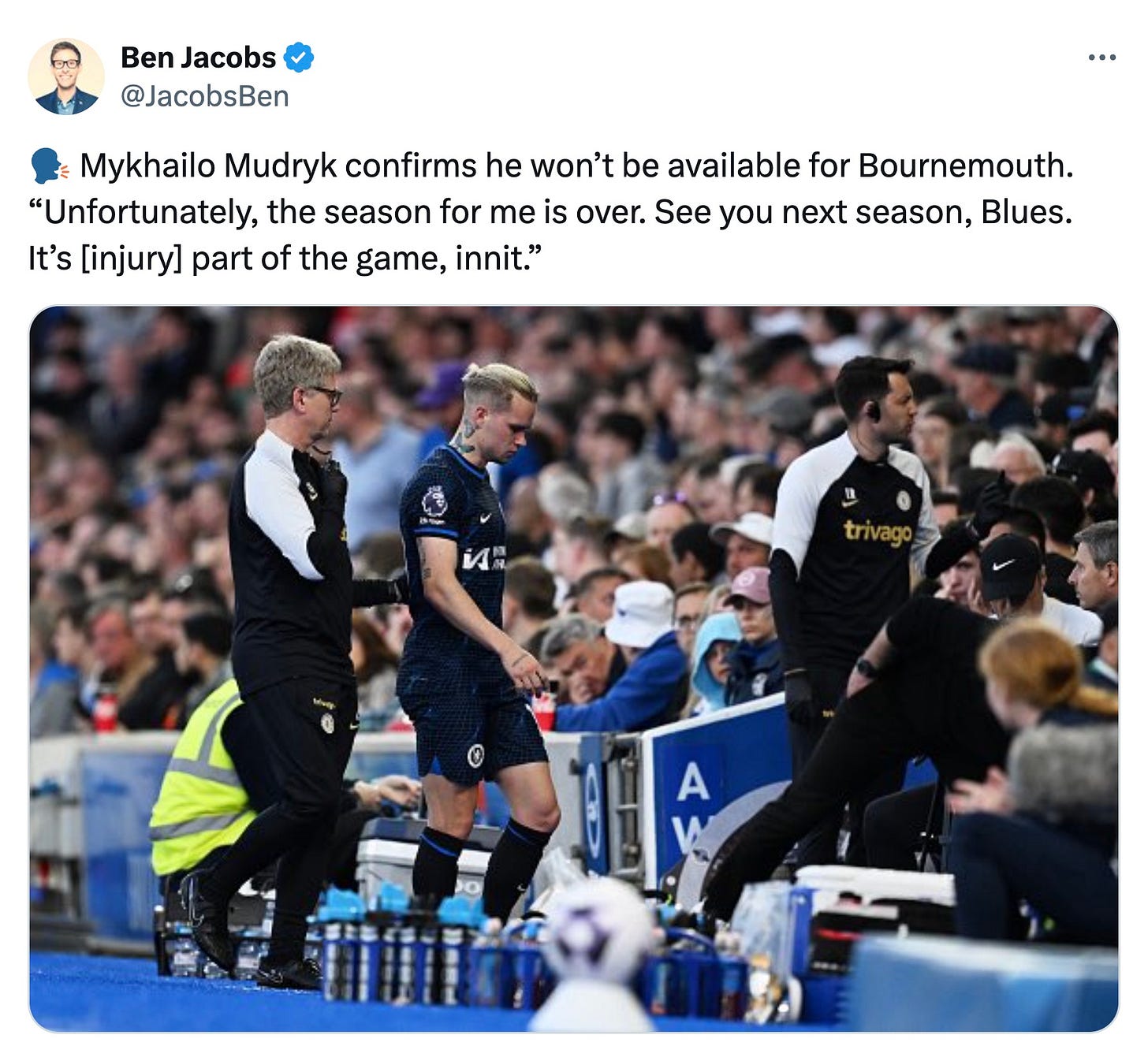 A tweet by Ben Jacobs about Mykhailo Mudryk