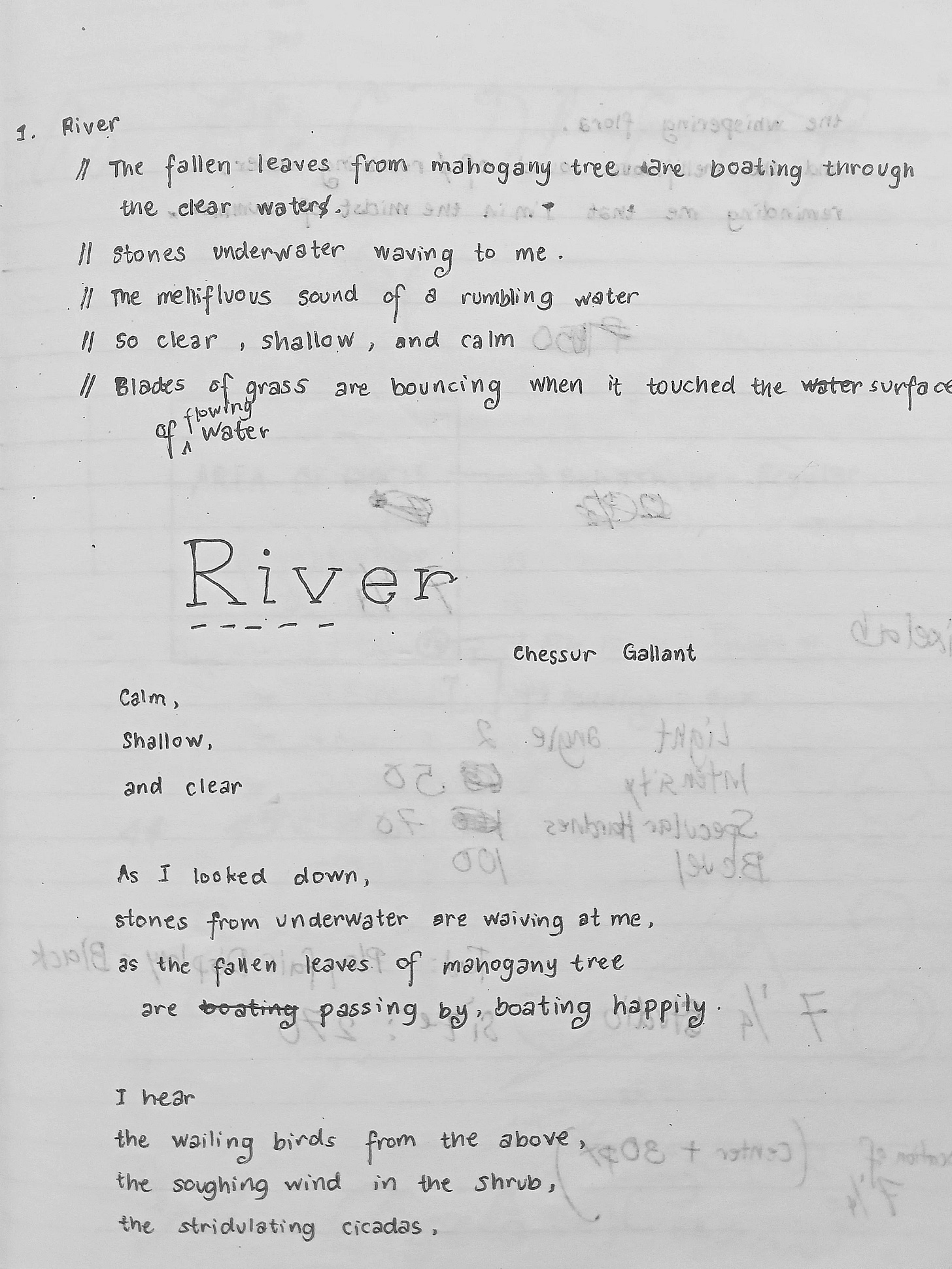 A handwritten poem about a river describing its calm waters, fallen leaves, underwater stones, and surrounding nature.