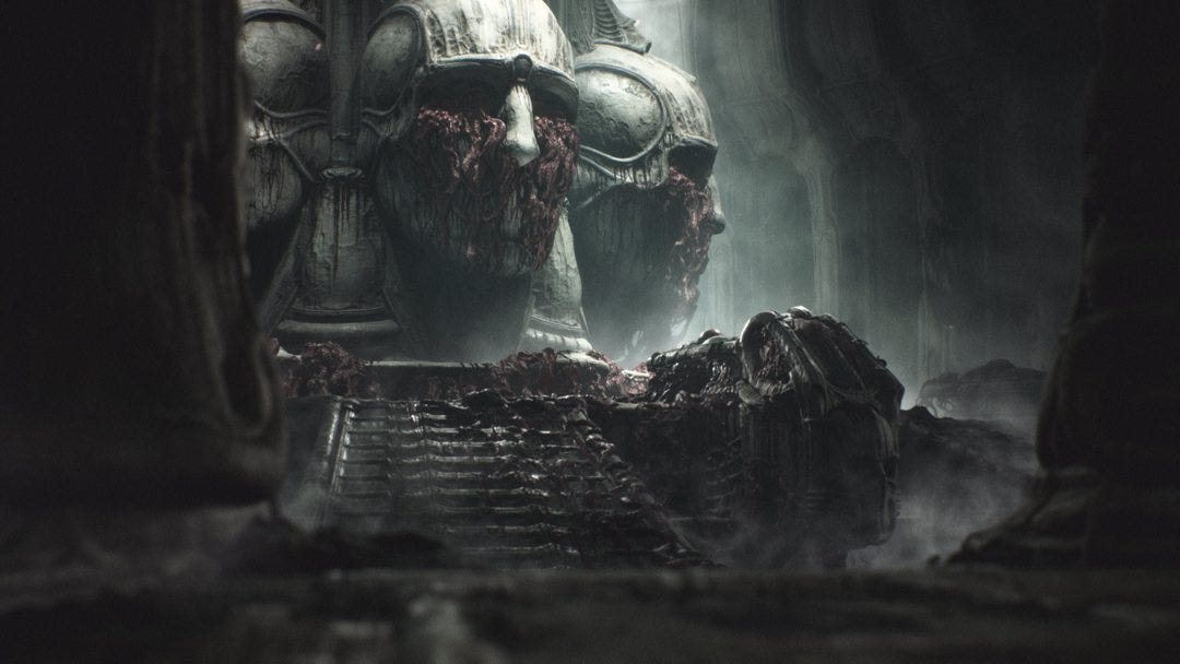 A Giger-esque sci-fi temple with steps leading up to a massive skull statue, and random flesh covering everything