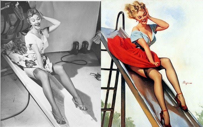 A fascinating 'before and after' look reveals the real model's pose, which Gil Elvgren transformed into his iconic and vibrant pin-up art. A fascinating 'before and after' look reveals the real model's pose, which Gil Elvgren transformed into his iconic and vibrant pin-up art.