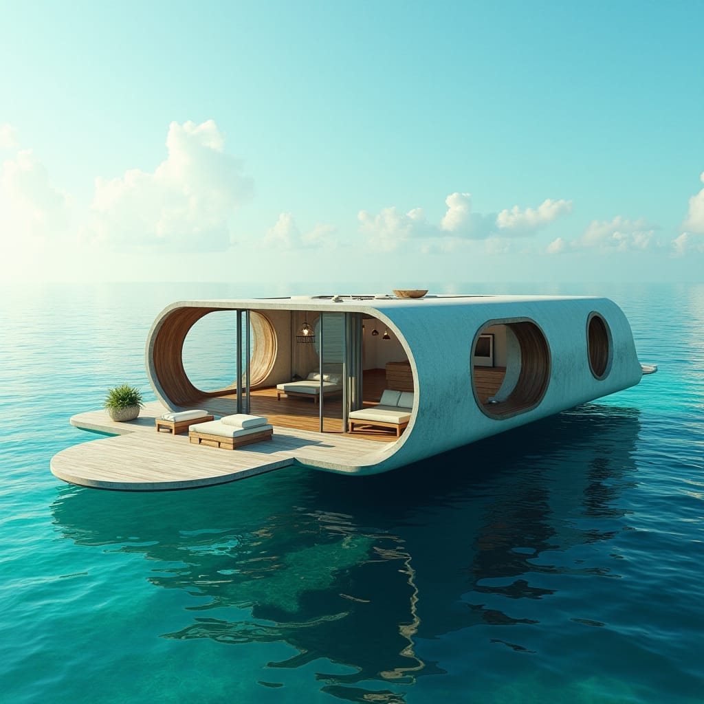 A luxurious, modern, one-story, five-bedroom Jamaican floating home, suspended in the turquoise ocean, with rounded windows reflecting the sun's warm glow, standing on concrete platforms that seamlessly blend with sleek glass and warm wood accents