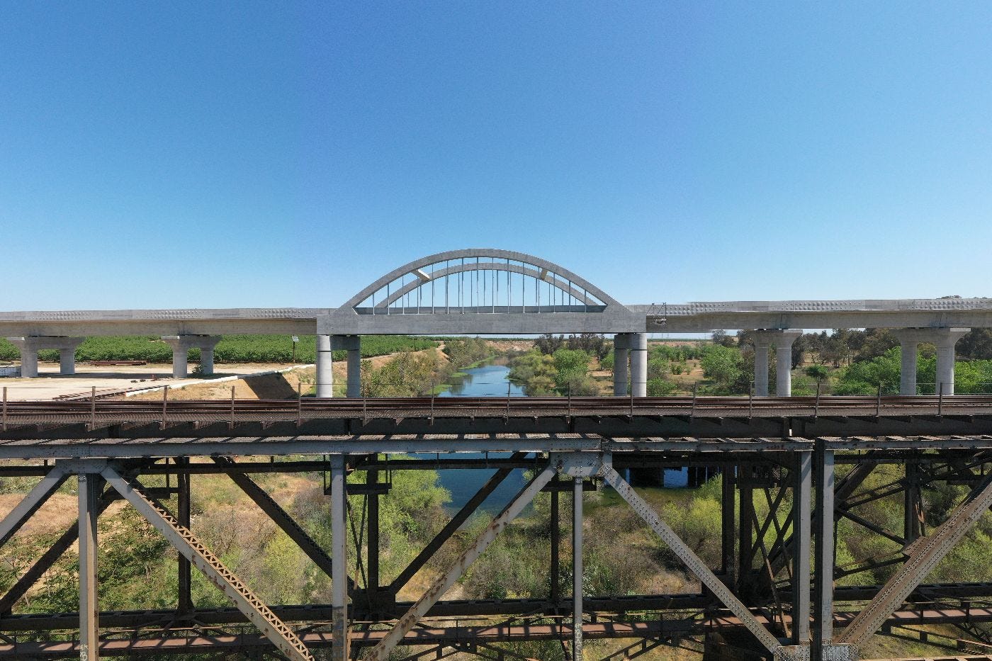 California high-speed-rail viaduct over San Joaquin River under construction, 2025 California high-speed-rail viaduct over San Joaquin River under construction, 2025