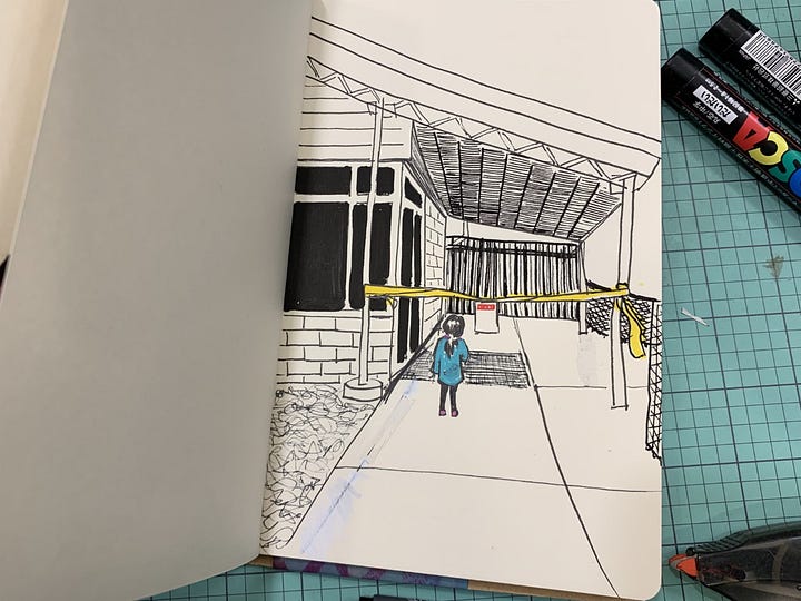Sketches of a child standing in front of caution tape at a school and another of a young girl dancing along with someone on television