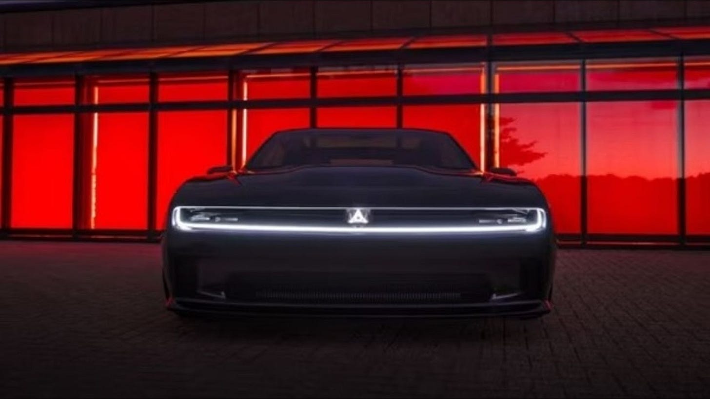 The Dodge Charger Daytona EV showing its muscular front design
