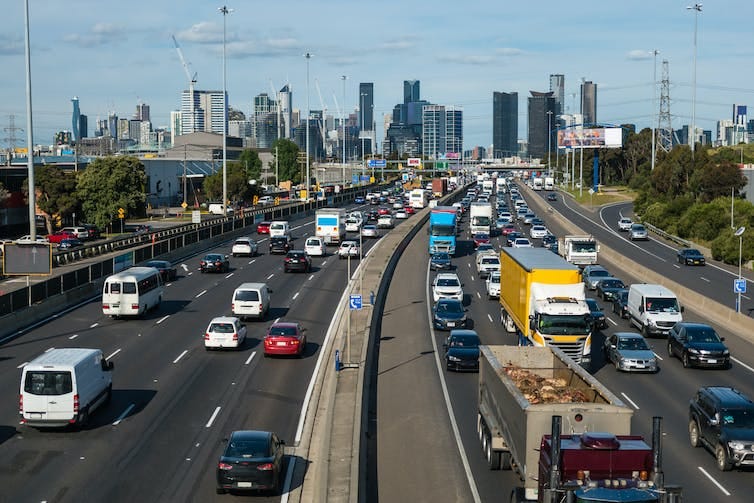 a busy melbourne freeway seen from above a busy melbourne freeway seen from above