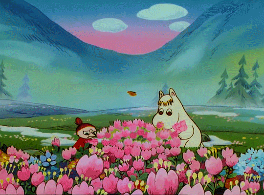 This may contain: an animated scene with pink flowers in the foreground and a cartoon character on the far side This may contain: an animated scene with pink flowers in the foreground and a cartoon character on the far side