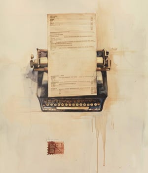 vintage editorial watercolor illustration of a typed corporate report on cream paper, section numbers visible, rubber stamp reading COMPLETE, muted neutrals, overhead view