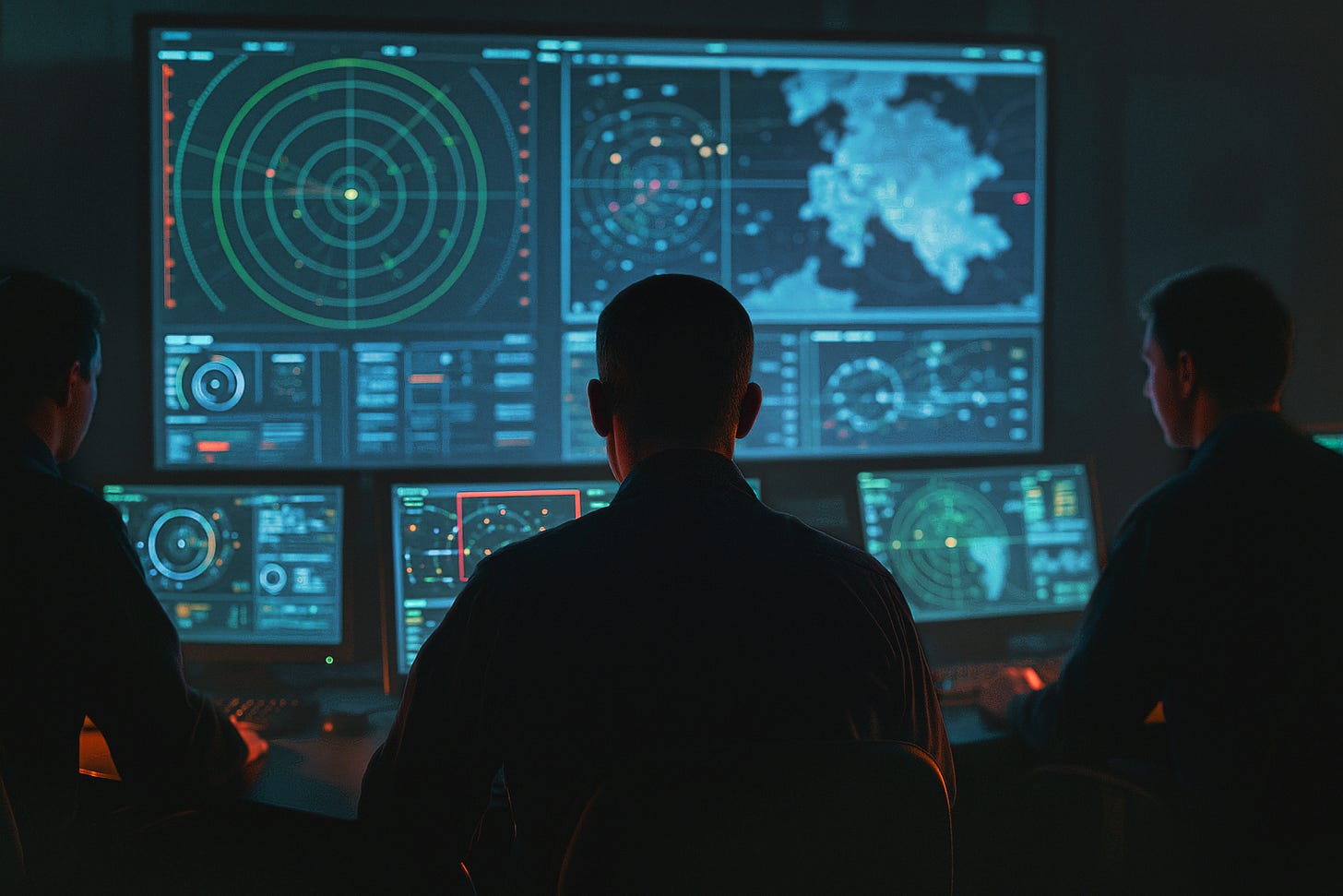 Royal Navy operations room in low light, officers at consoles monitoring AI-assisted threat displays. Royal Navy operations room in low light, officers at consoles monitoring AI-assisted threat displays.