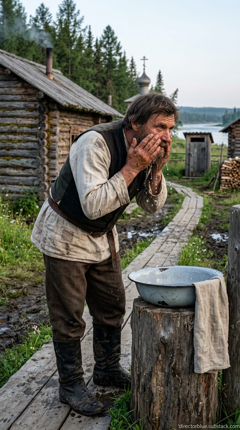 IMAGE PROMPT FOR HISTORIC REENACTMENT EDUCATIONAL SERIES (TUNGUSKA EVENT) (1908) A weathered Russian man in his mid-40s broad-shouldered with a thick dark brown beard streaked with early gray deep-set hazel eyes with crows feet sun-darkened _image_1