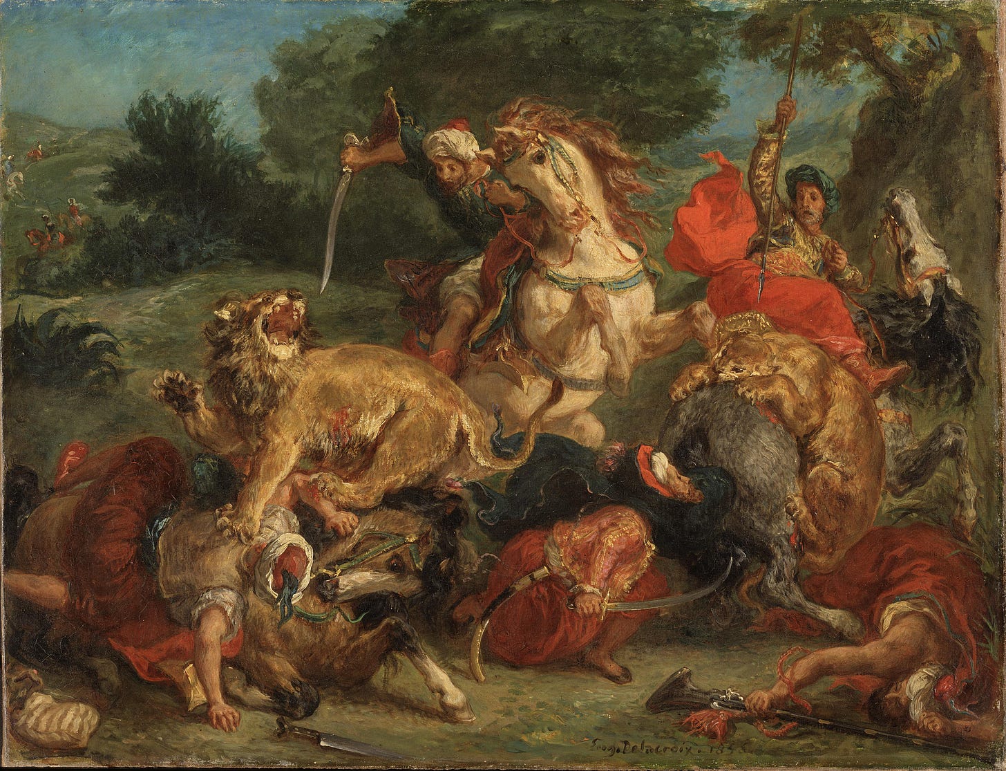 Painting of lions attacking humans and being attacked by men on horses