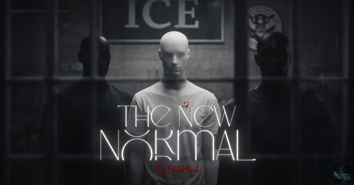 A stark, high-contrast social header image conveying normalized state violence and control. The image evokes a cold, institutional atmosphere where authority feels routine and unchallenged. The visual tone suggests a system no longer hiding its purpose, reflecting how empire becomes most visible when violence is treated as normal.