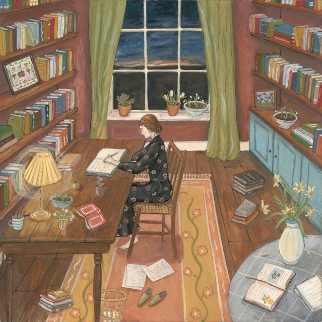 Painting of Anna writing at a desk in a her dream book-filled study, lamplight glowing, papers scattered across the floor.