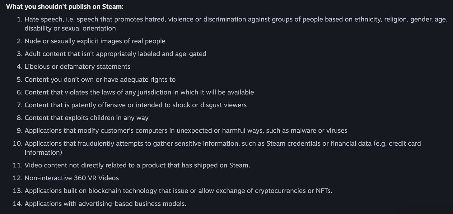 Steam's rules from April 2025, showing no ban on content that might violate payment processor rules.