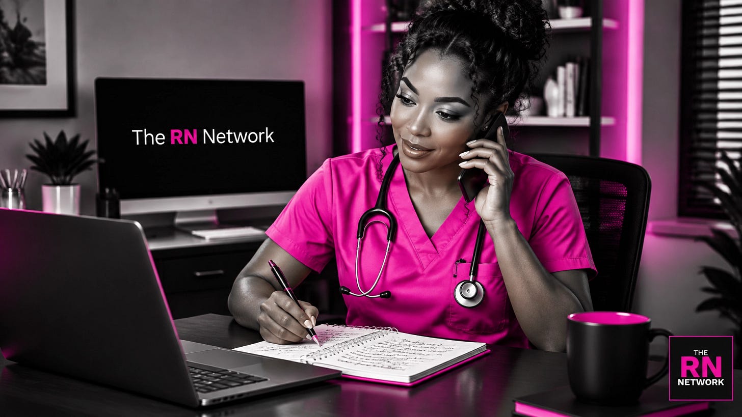 A nurse in pink scrubs speaking with a potential client while reviewing a service offer A nurse in pink scrubs speaking with a potential client while reviewing a service offer